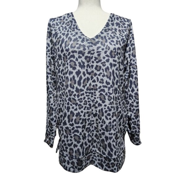 Ellen Tracy Womens Gray Animal Print VNeck Long Sleeve Warm Top Blouse Sweater M - Picture 8 of 15